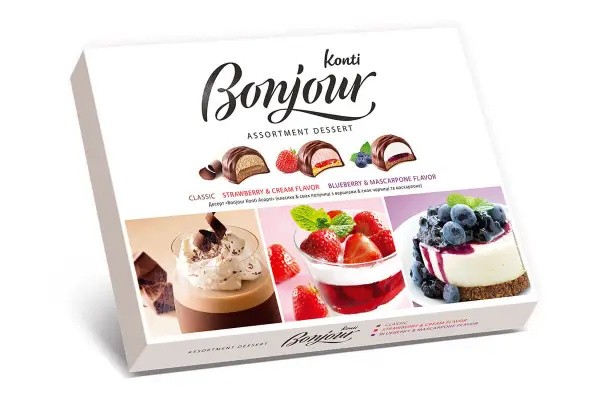 Конфеты Bonjour ассорти коробка (классика, клубника, черника) 348 г
