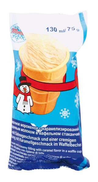 Sorvete com leite condensado caramelizado e recheio aromatizado com caramelo em xícara waffle, 75 g