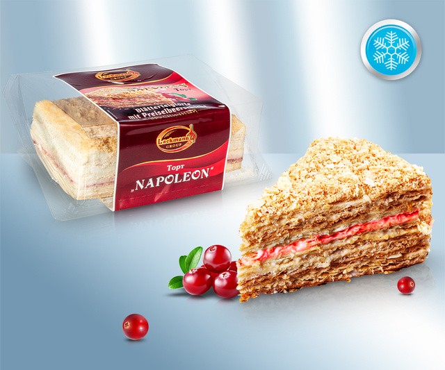 Pastel de capas "Napoleón" con sabor a vainilla y relleno de arándano rojo, envuelto 400g