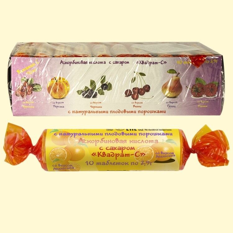Ácido ascórbico con azúcar, sabor a naranja, 10 Tab