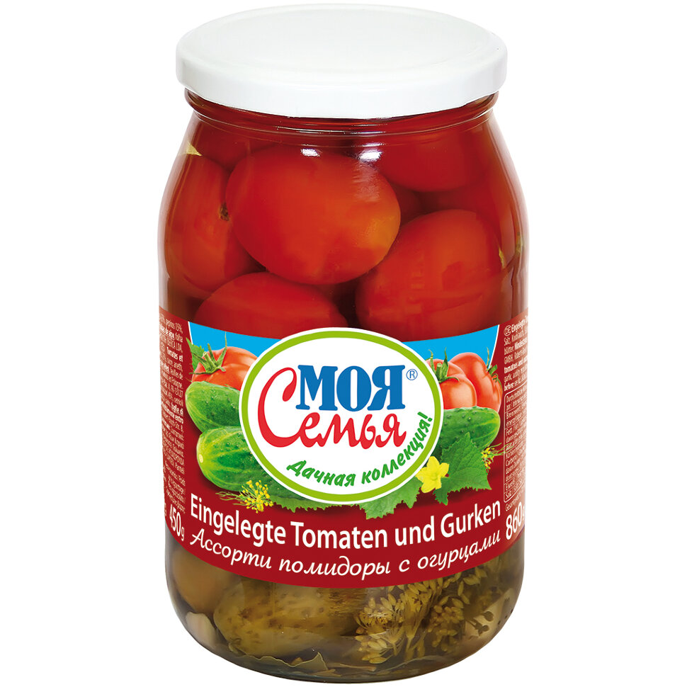Comida russa. Tomates e pepinos em conserva, 860 g
