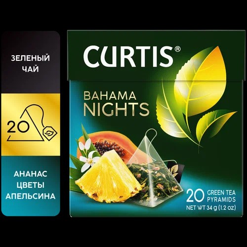 Чай зеленый CURTIS "Bahama Nights" с кусочками спелого ананаса и ароматом экзотических фруктов фруктовый ароматизированный 20 пирамидок