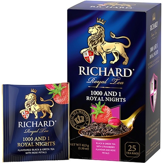 Richard Royal Rose té negro, con rosa, 25 paquetes de 0,08 g