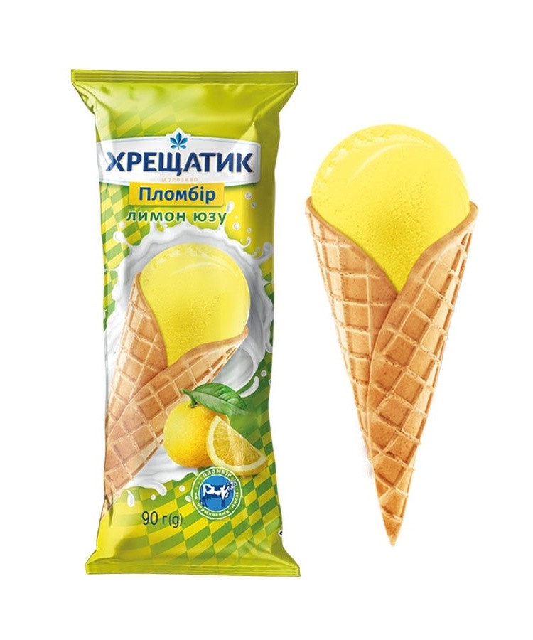 Helado Khreshchatyk plombir con sabor a limón y yuzu en cono de waffle 90 g
