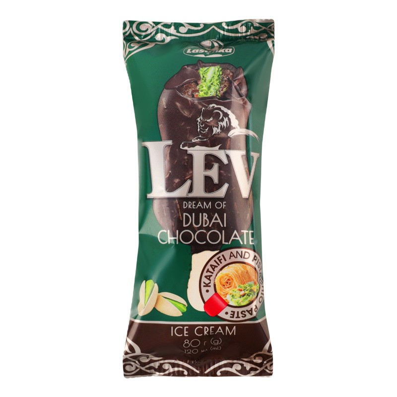 Sorvete 12% chocolate e pistache em chocolate amargo com massa Kataifi Dream of Dubai chocolate Lev m/u 80g