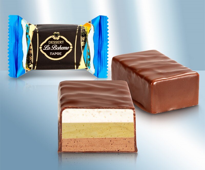 Chocolates cobertos com suflê "Parfait", pistache e cremoso, 100 g