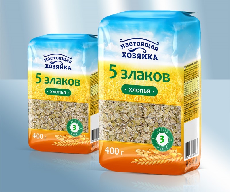 copos de 5 clases de los cereales (los copos de avena, los copos de trigo, los copos de cebada, de m